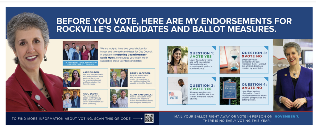 This is a photograph taken from Maryland State Senator Cheryl Kagan's website showcasing a campaign mailer in which she endorses candidates for the Rockville City Council. 